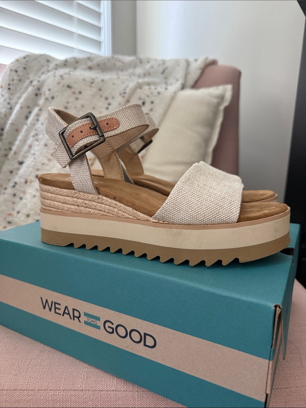 TOMS Natural Canvas Wedge Sandals - Picture 2 of 7